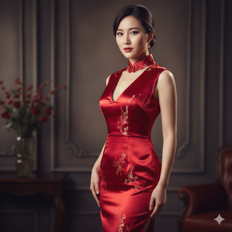 Tạo ảnh mẫu mặc sườn xám đỏ quyến rũ